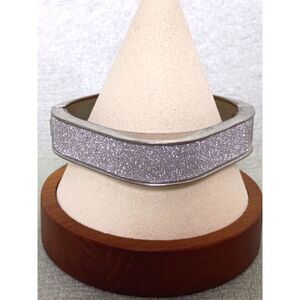 Retro Silver Tone Glitter Clamper Hinged Squared Rounded Corner Bangle Bracelet
